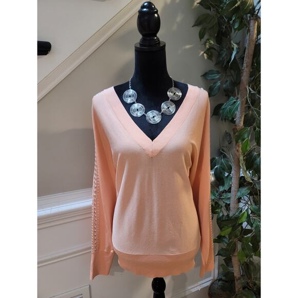 INC International Concepts Sweater Women's XL Peach V Neck Studded Sleeves - Picture 1 of 10